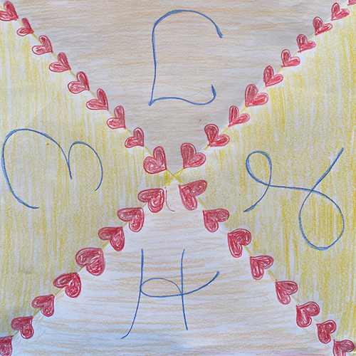 colored drawing of hearts and initials